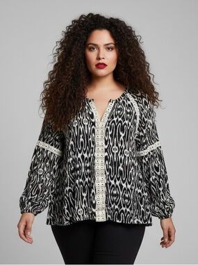 INC International Concepts | Boho Ikat Print Blouse Grommet Trim Size 1X